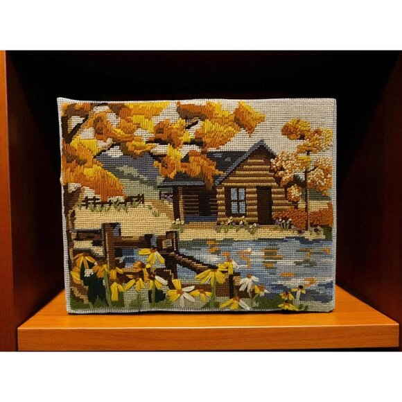 Vintage Finished Crewel Cabin in the Meadow Handmade Sunset Designs Fall Leaves - Picture 1 of 8